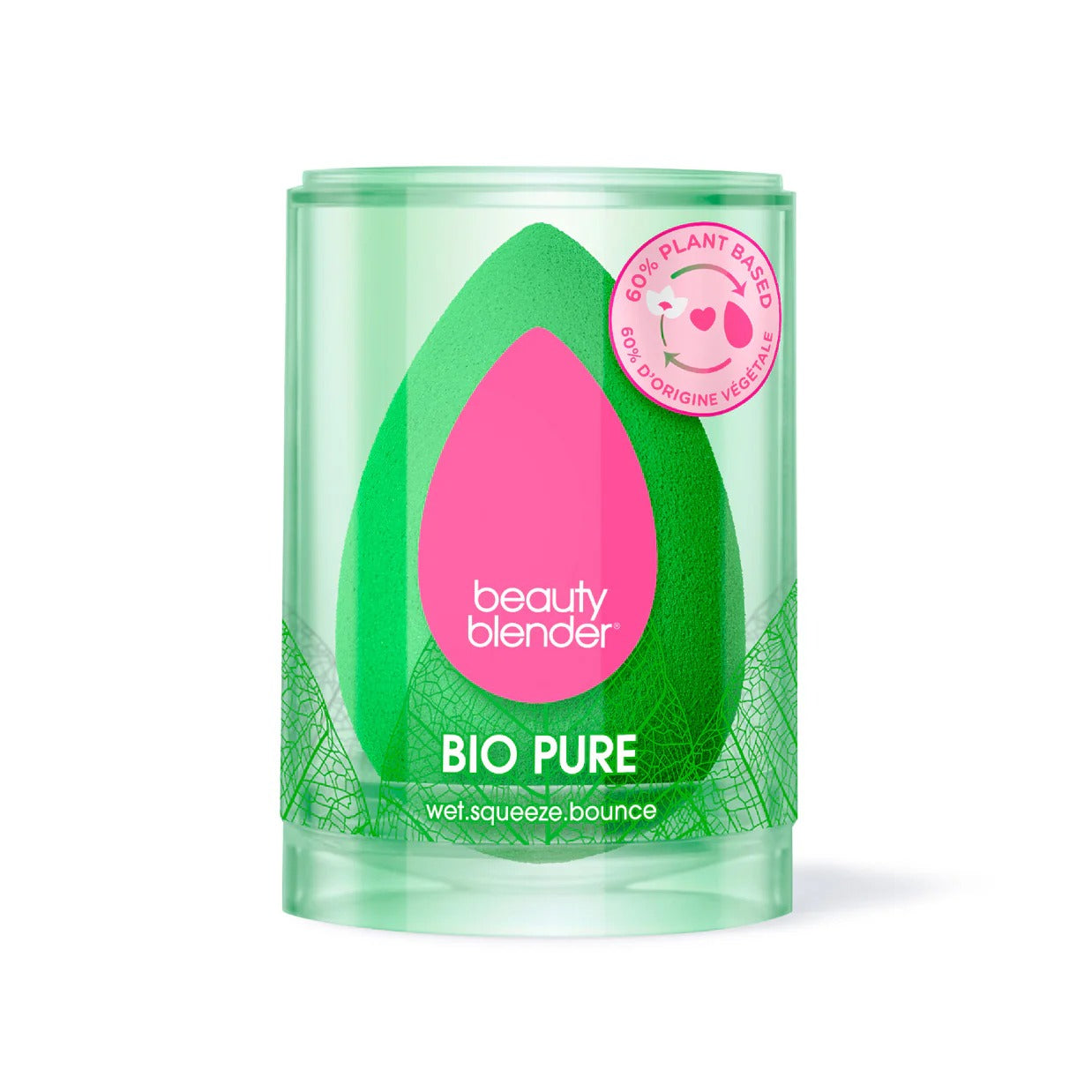 Green container of beauty blender Bio Pure on a white background