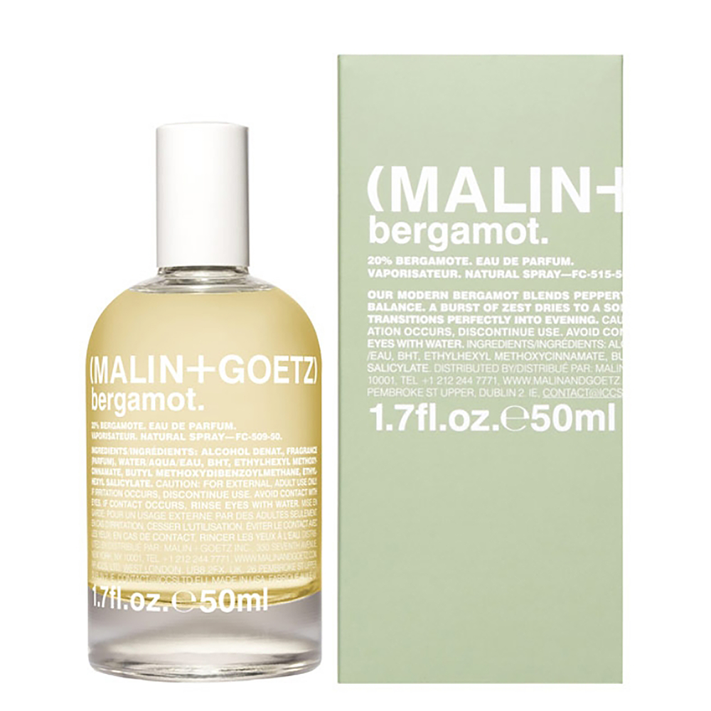A bottle of Malin + Goetz Bergamot perfume spray next to its light green packaging box, displayed on a clean white background.
