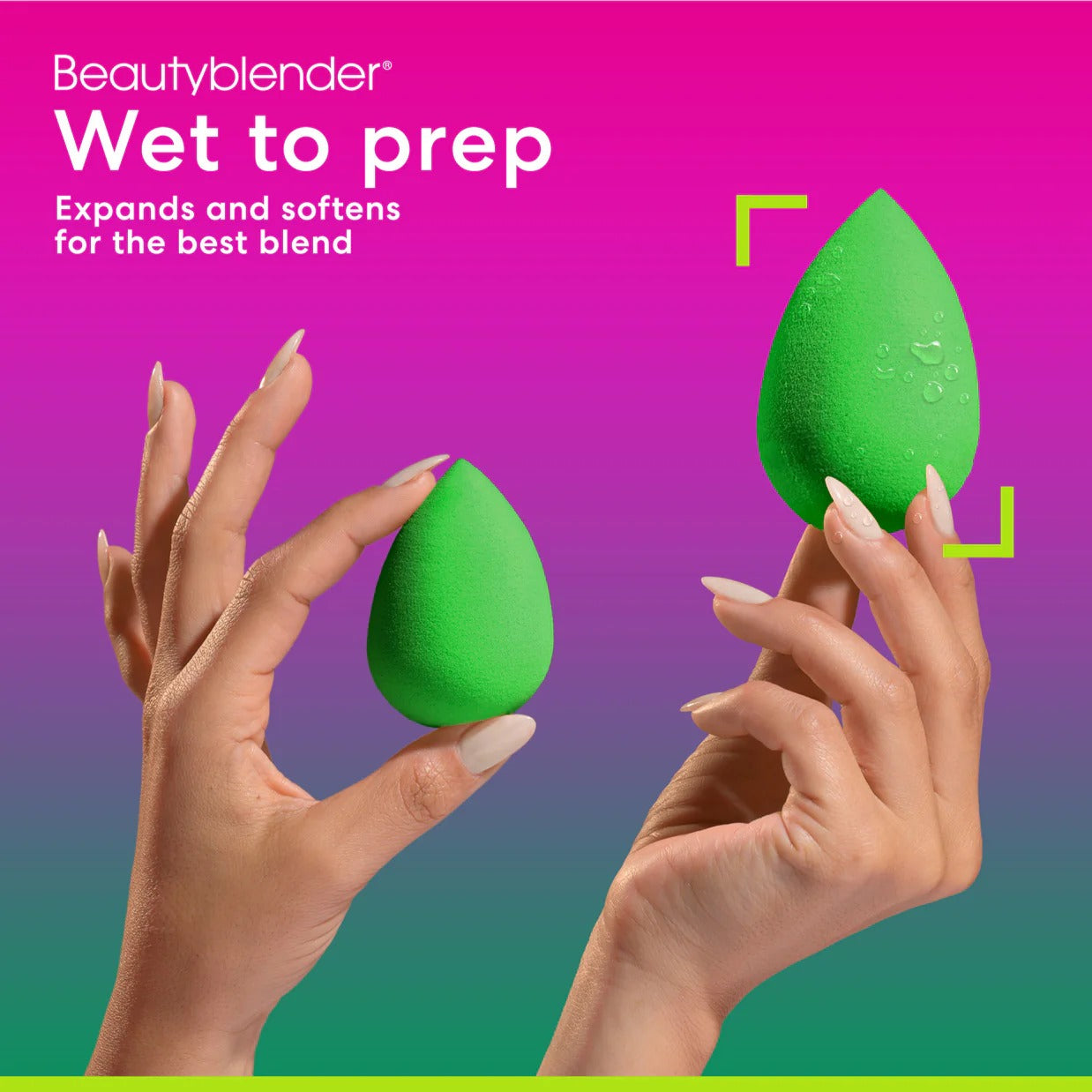 Green beauty blender sponge held by hands with a colorful background, featuring Beautyblender branding.