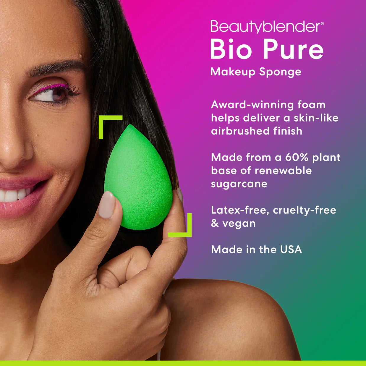 Woman holding a green makeup sponge with Beautyblender Bio Pure branding and product features.
