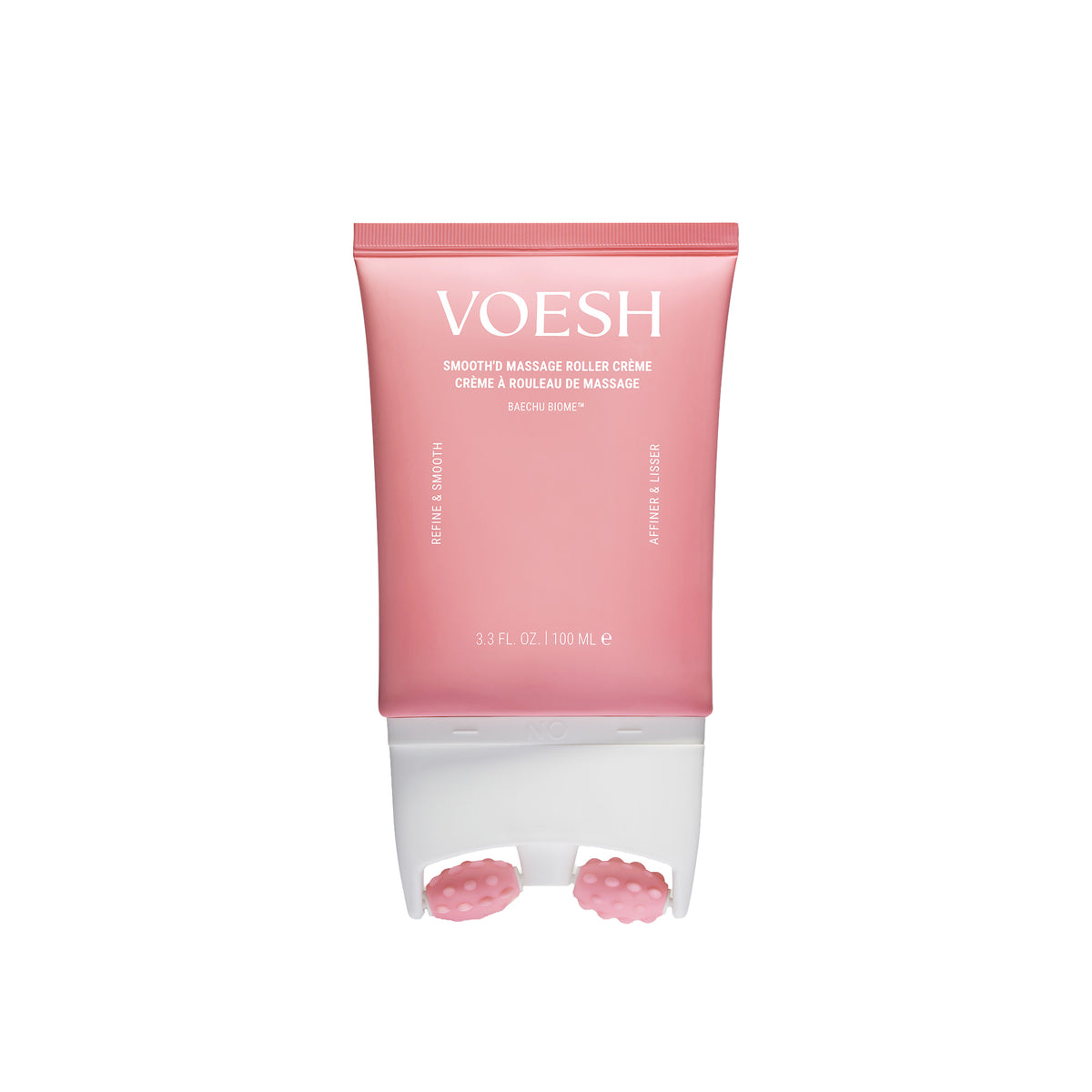 VOESH Smoothies Massage Roller Crème in a pink squeeze tube with a clear lower section showing two pink roller balls, on a white background.