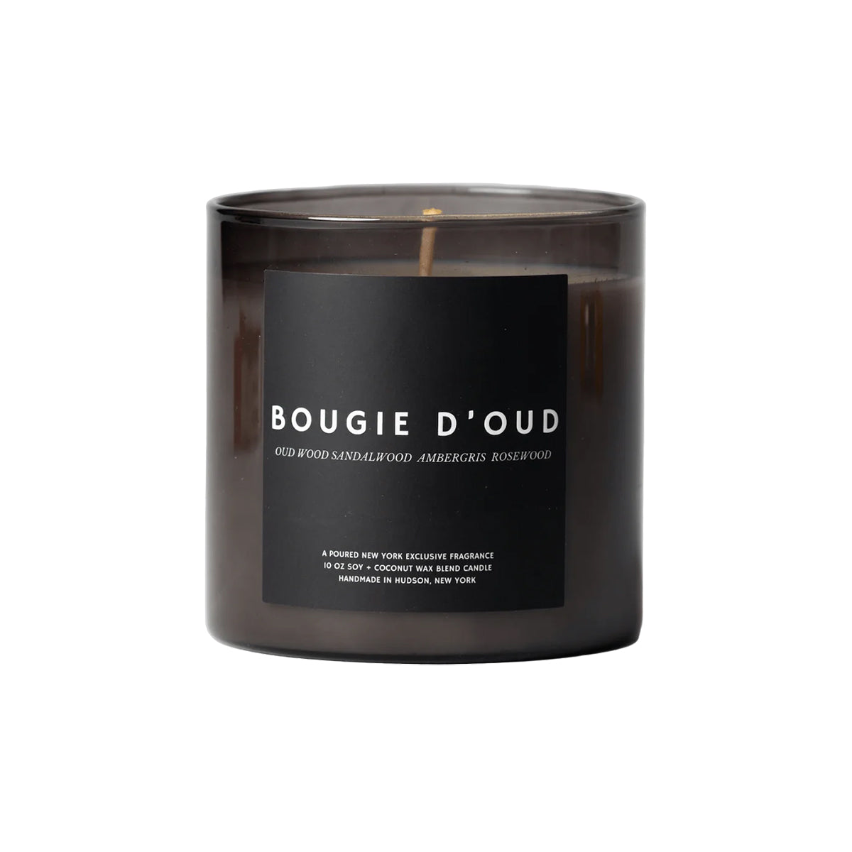 Black candle with 'Bougie D'Oud' label on a white background