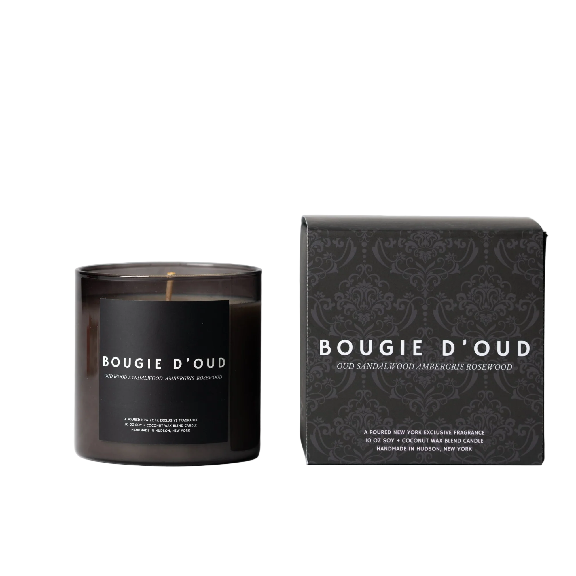 Bougie D'Oud candle and packaging on a light background