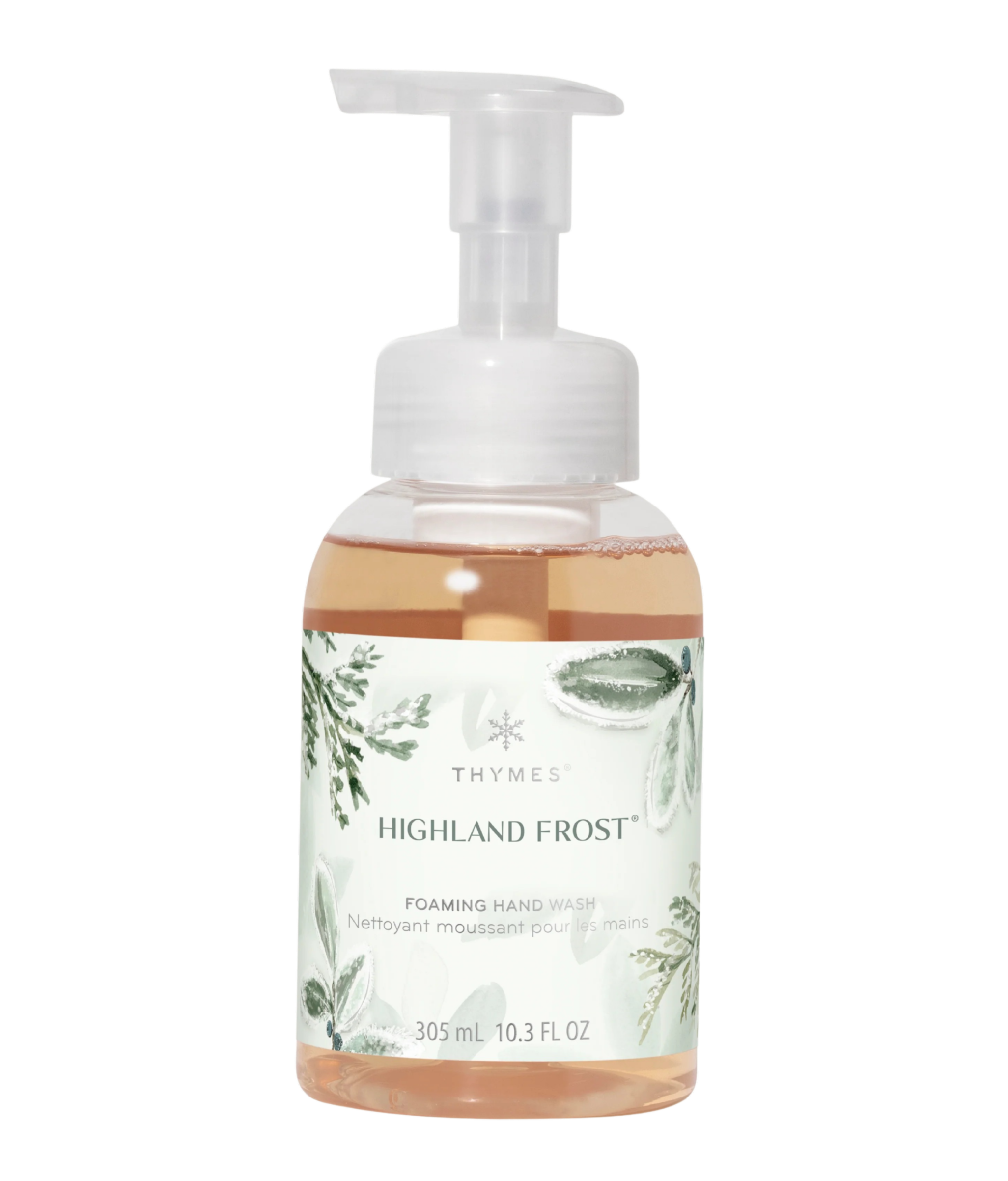 Foaming hand wash bottle with a pump labeled 'Highland Frost' by Thymes on a white background.