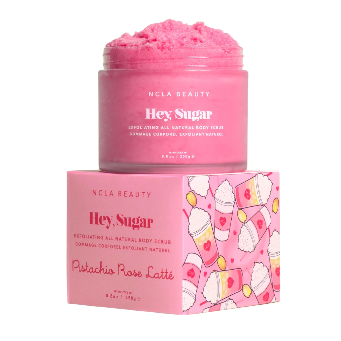 Pink body scrub jar with packaging on a white background