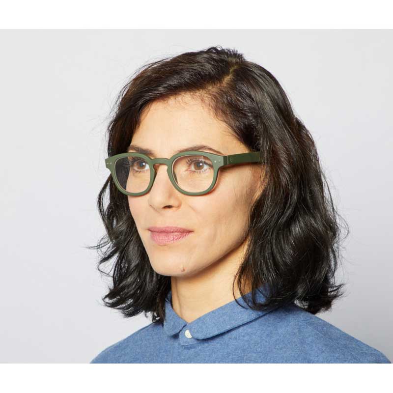 Woman wearing Izipizi Paris Reading Glasses # C - The Retro - Khaki Green 