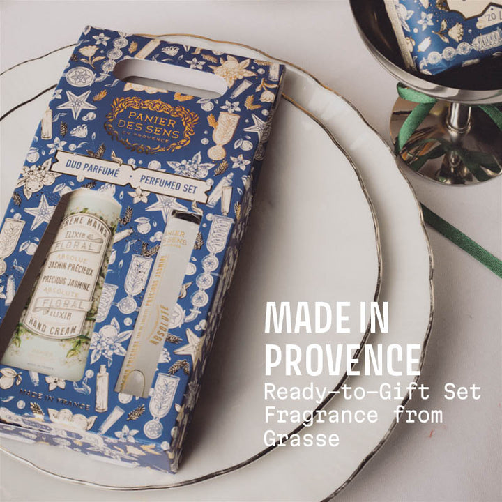 Jasmine Perfume set packaging with floral design on a white plate, text 'Made in Provence' displayed.