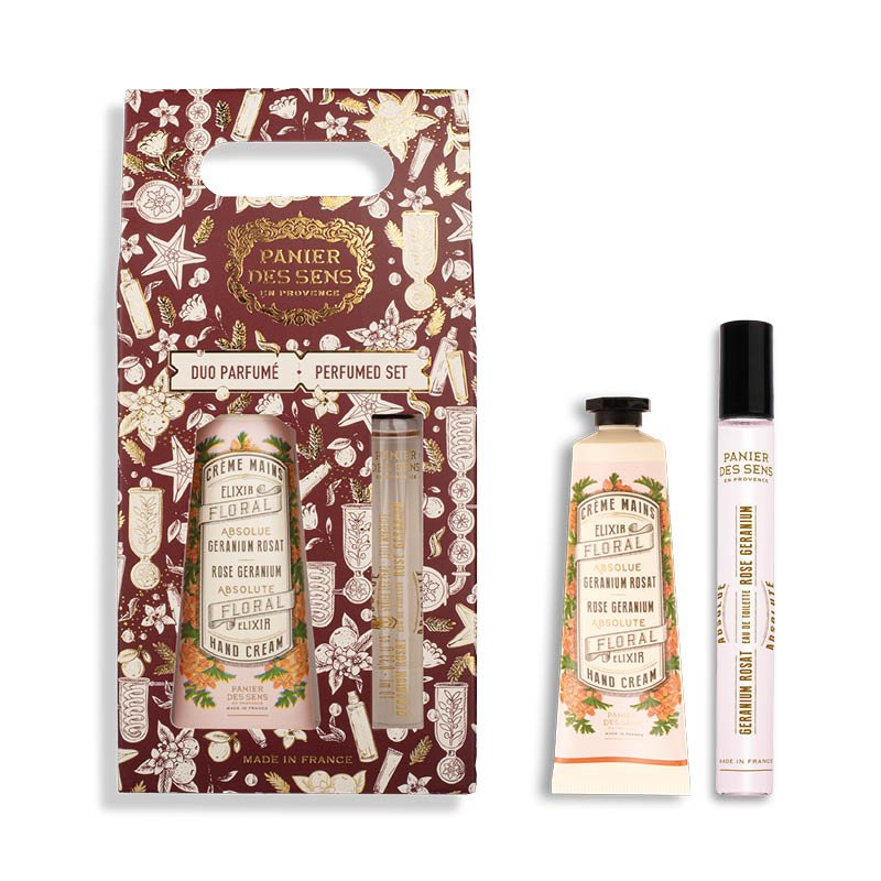 Panier des Sens Rose perfume set with packaging on a white background
