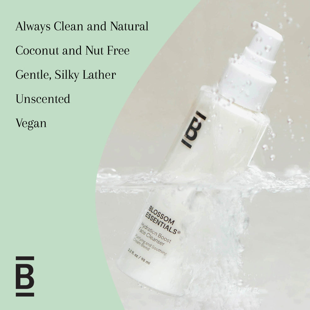 Bottle of Blossom Essentials cleanser with text highlighting features on a light green background