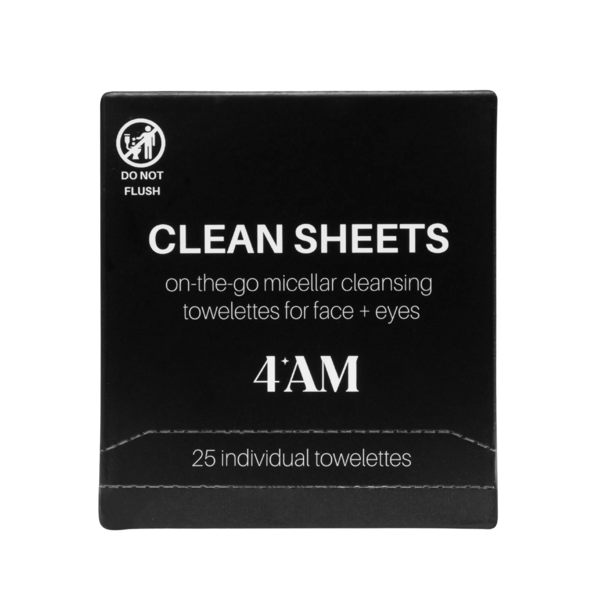 Black box of 4AM Clean Sheets micellar cleansing towelettes on a white background