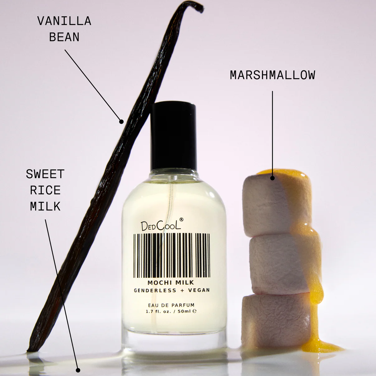 Bottle of 'Mochi Milk' perfume with vanilla bean, marshmallow, and sweet rice milk labeled on a light background