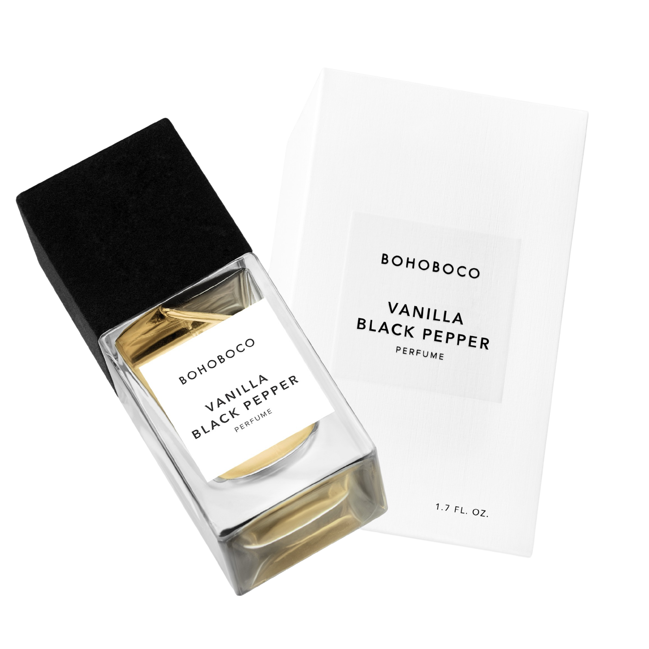 Bohoboco Vanilla Black Pepper Bottle with box on white background.