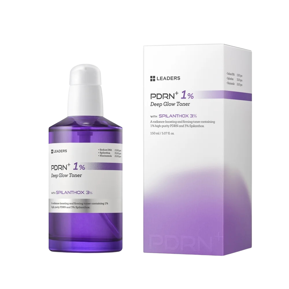 A bottle and box of LEADERS PDRN+ 1% Deep Glow Toner, featuring a translucent purple liquid in a purple bottle with a white cap, next to its white and purple packaging box.