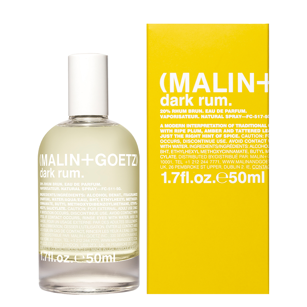 Malin+Goetz dark rum perfume bottle and packaging on a white background