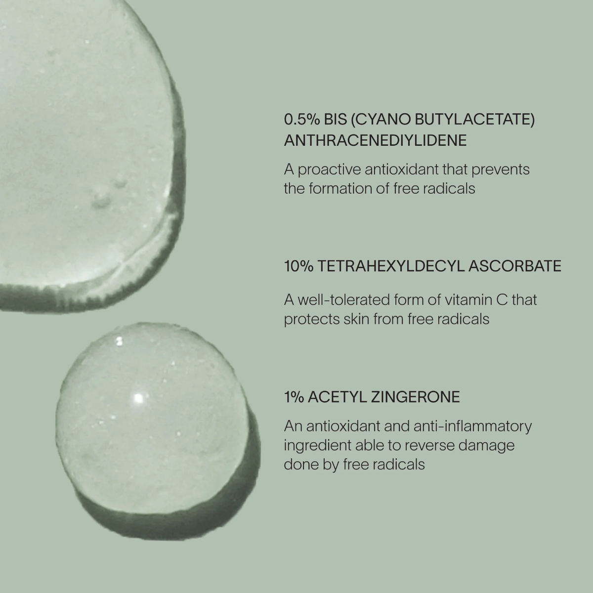 Two droplets of a clear liquid on a light green background with text about skincare ingredients.