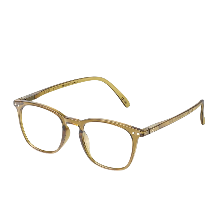 Golden green-framed eyeglasses on a white background