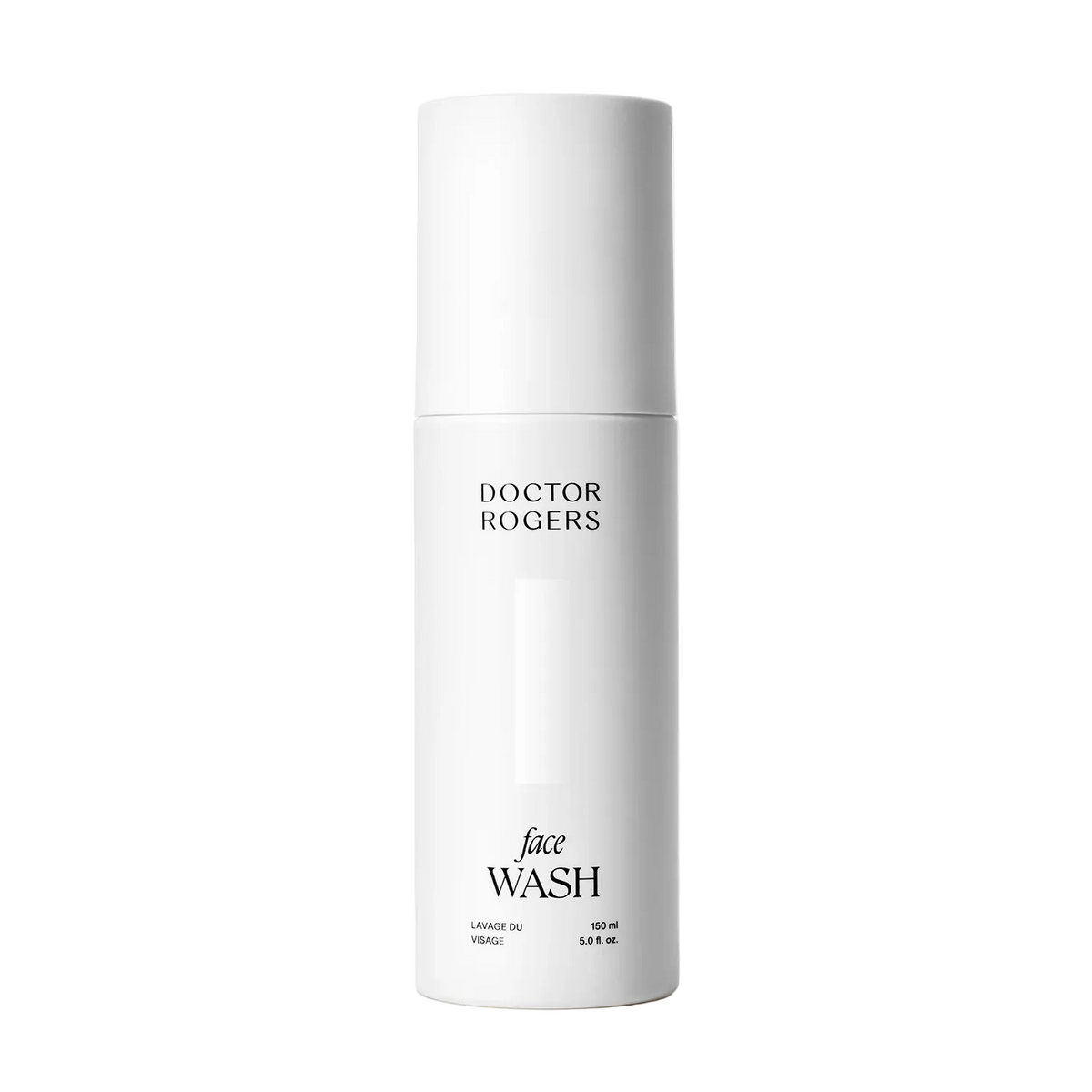 A white cylindrical bottle of Doctor Rogers Face Wash with black text, centered on a clean white background.