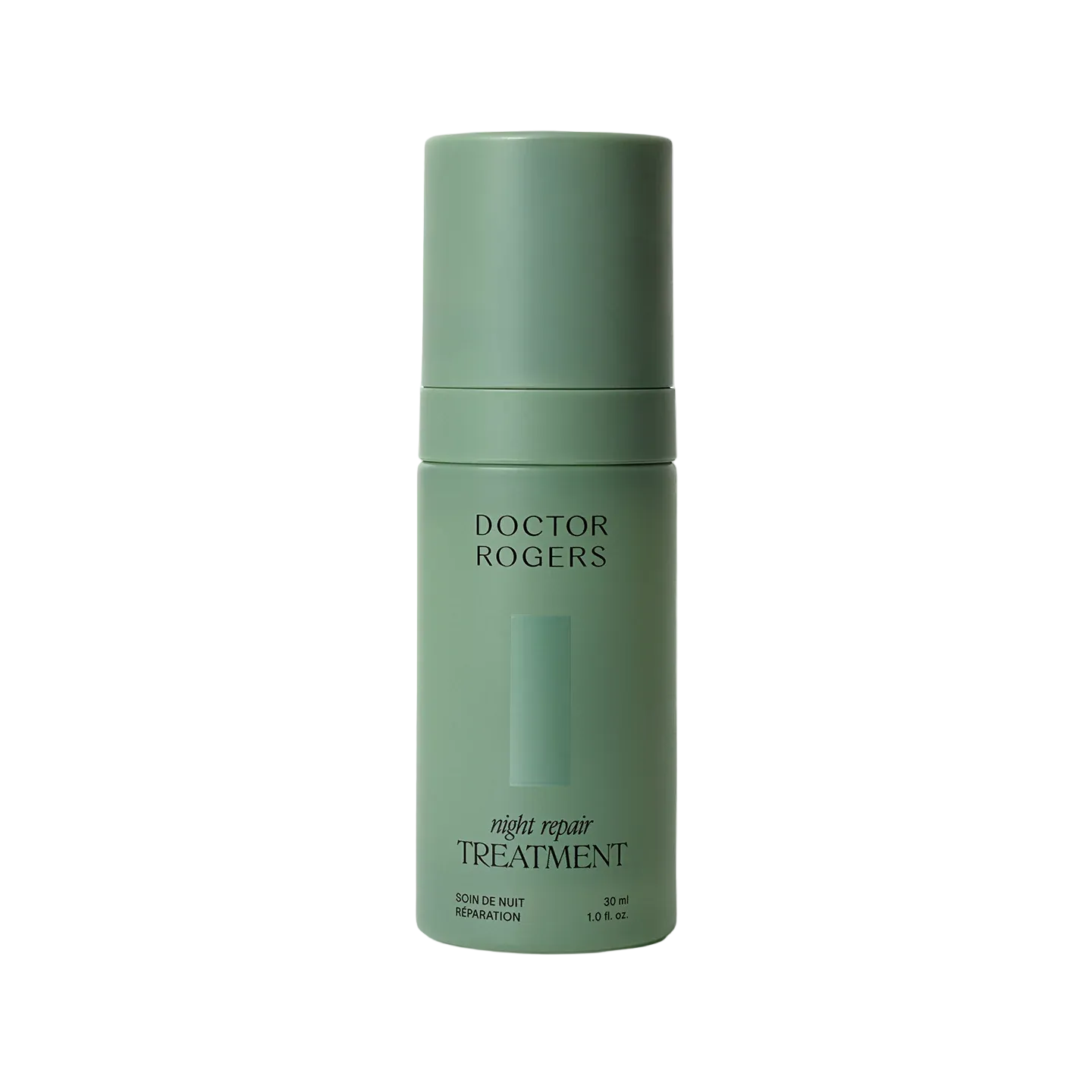 Green cylindrical bottle of 'Doctor Rogers' body repair treatment on a white background
