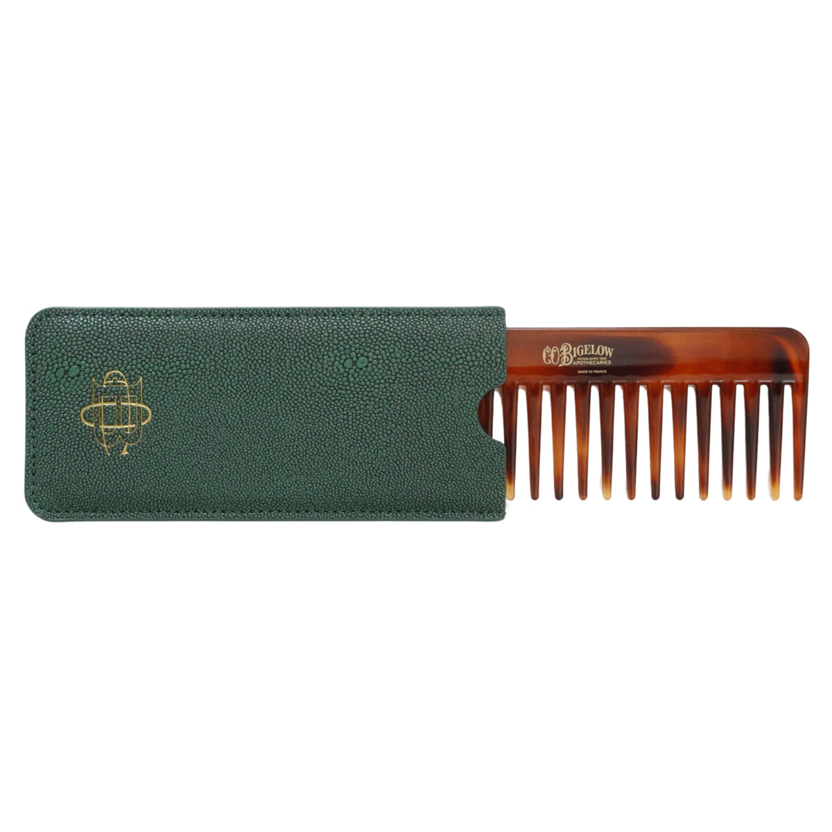 A brown tortoiseshell hair comb with a gold-engraved logo, shown next to its dark green textured leather case on a plain white background.