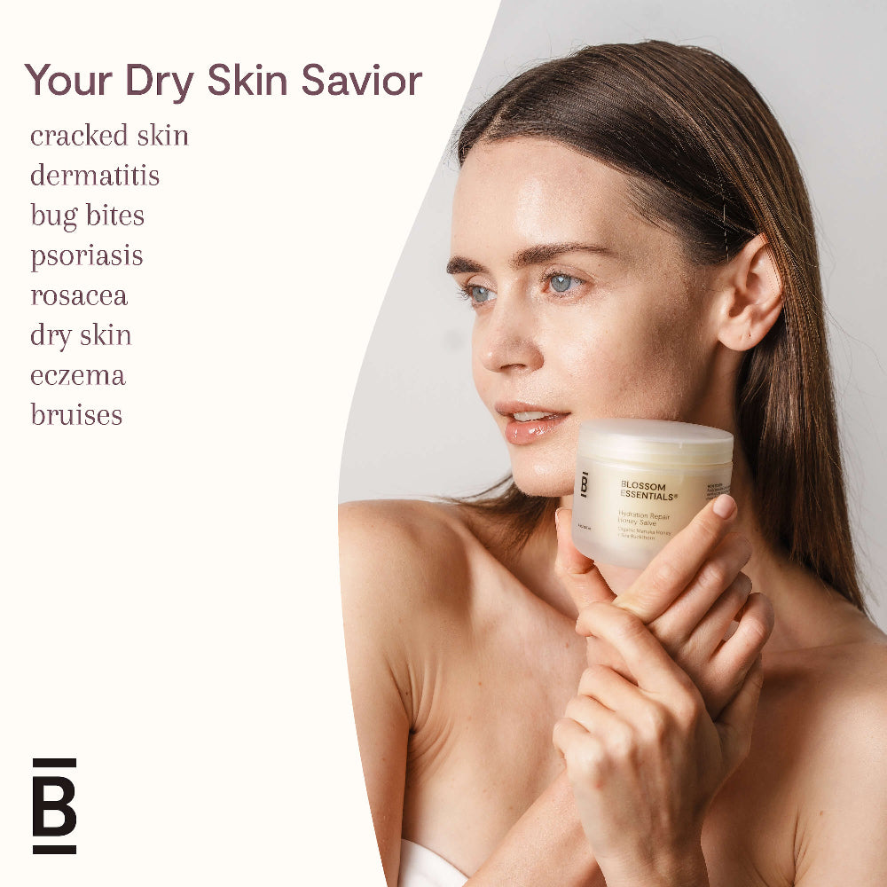 Woman holding a jar of skincare product with text about skin conditions on a light background