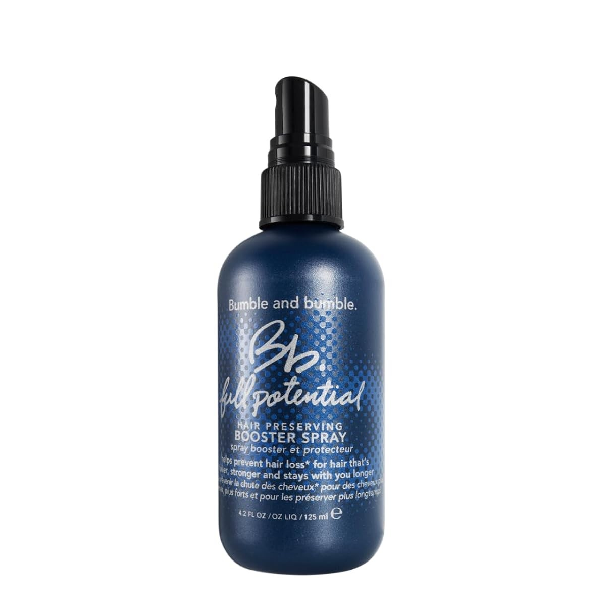 Blue hair spray bottle with black nozzle on a white background