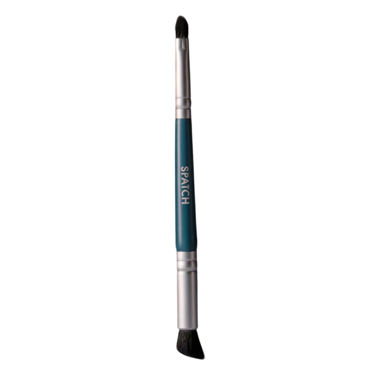 A dual-ended makeup brush with a teal blue handle, silver ferrule, and black bristles, featuring the brand name 'SPATCH' printed vertically on the handle.