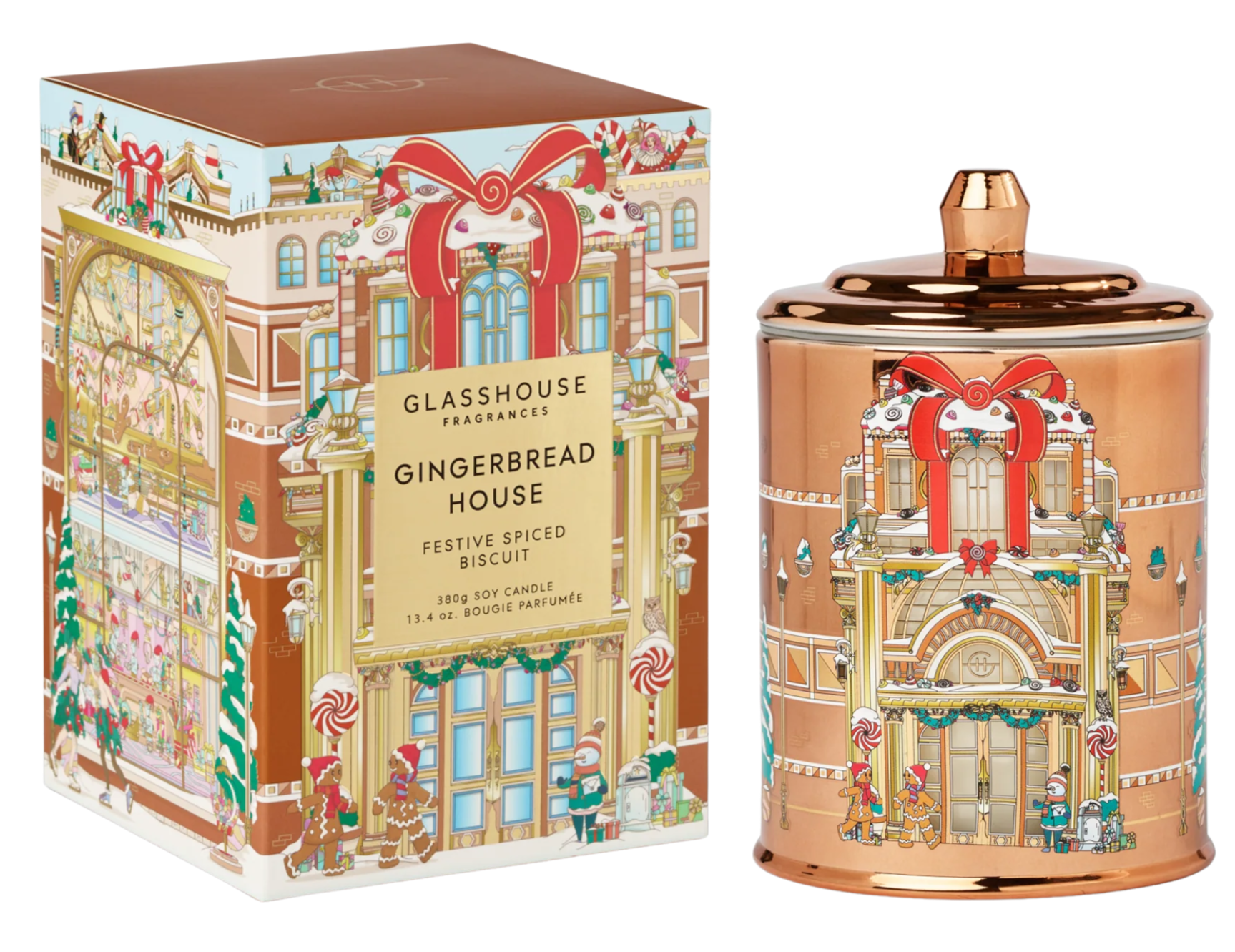 Gingerbread house-themed candle and packaging on a white background