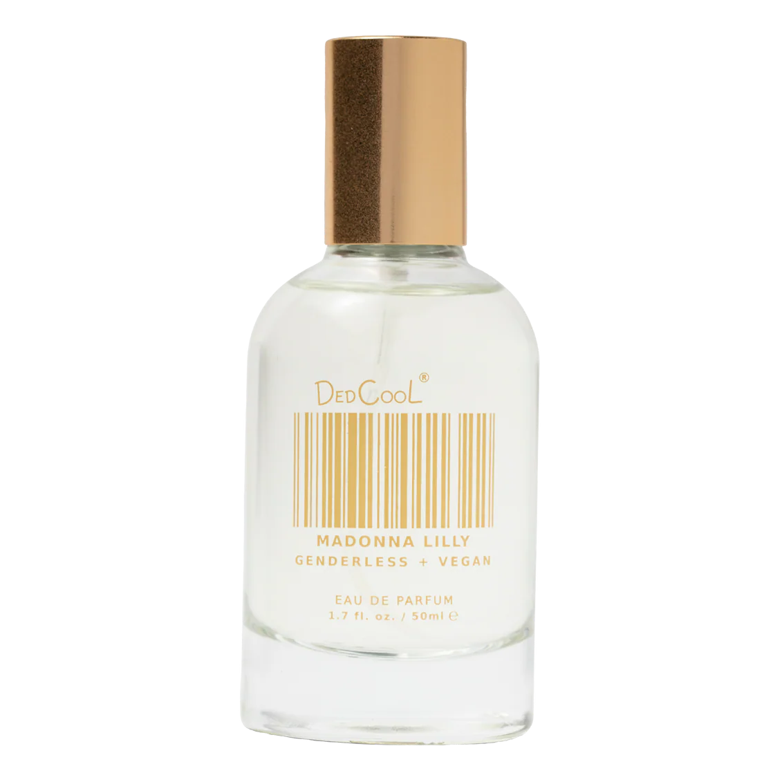 A clear glass bottle of DeCoCoL Madonna Lilly Eau de Parfum with a metallic gold cap and gold lettering on a white background.