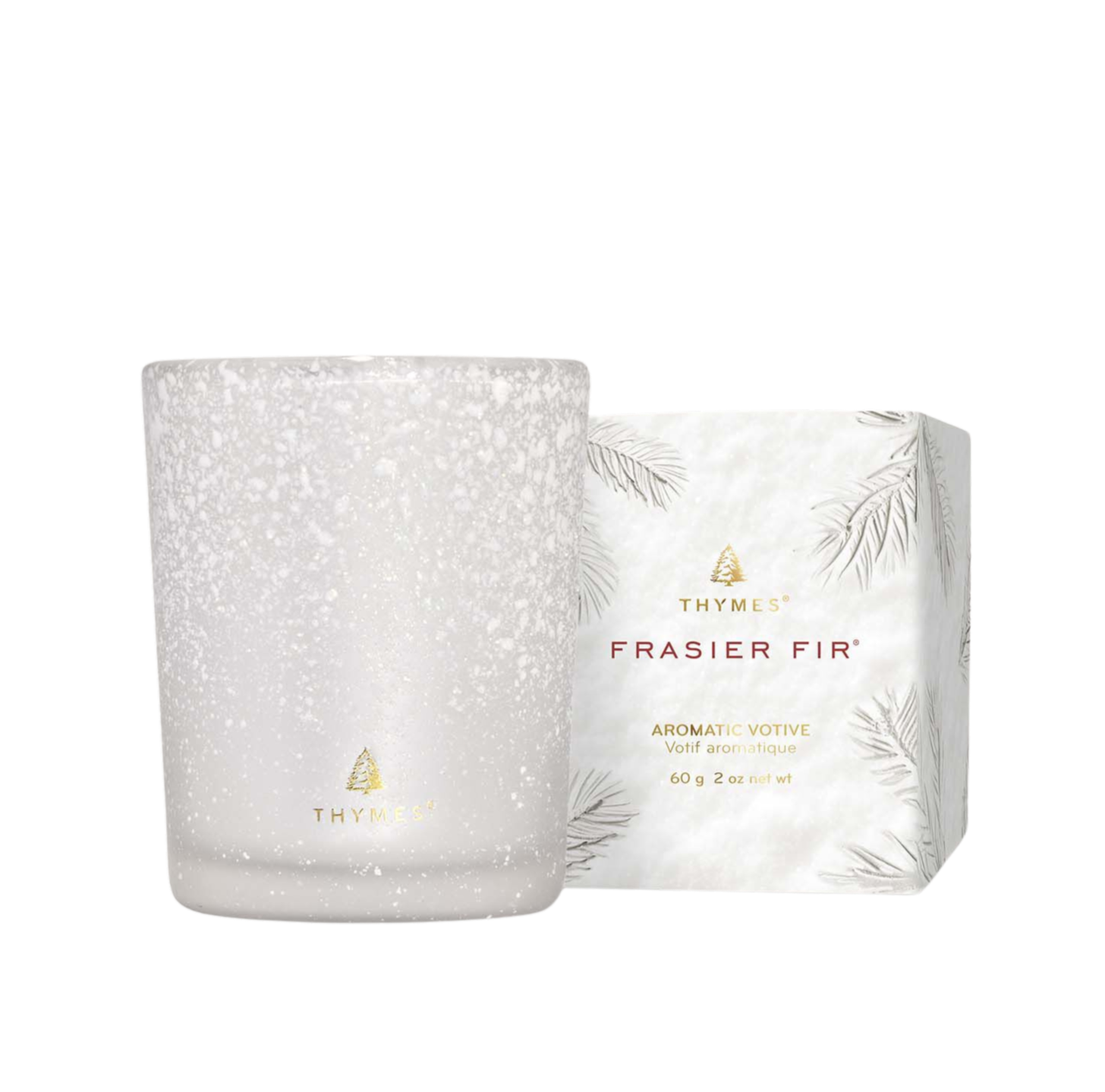 Thymes Frasier Fir candle and packaging on a white background