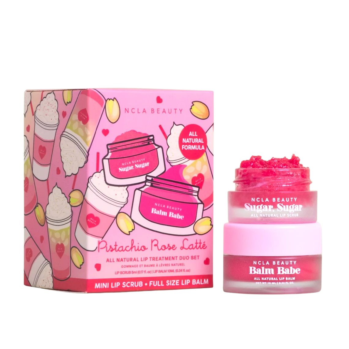 NCLA Beauty lip balm and scrub set with pink packaging on a white background