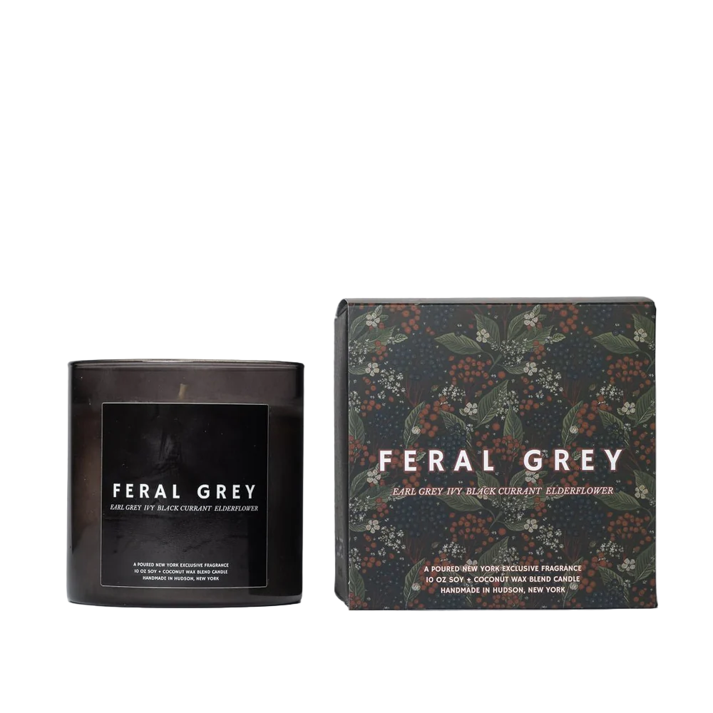 Feral Grey candle and packaging on a white background