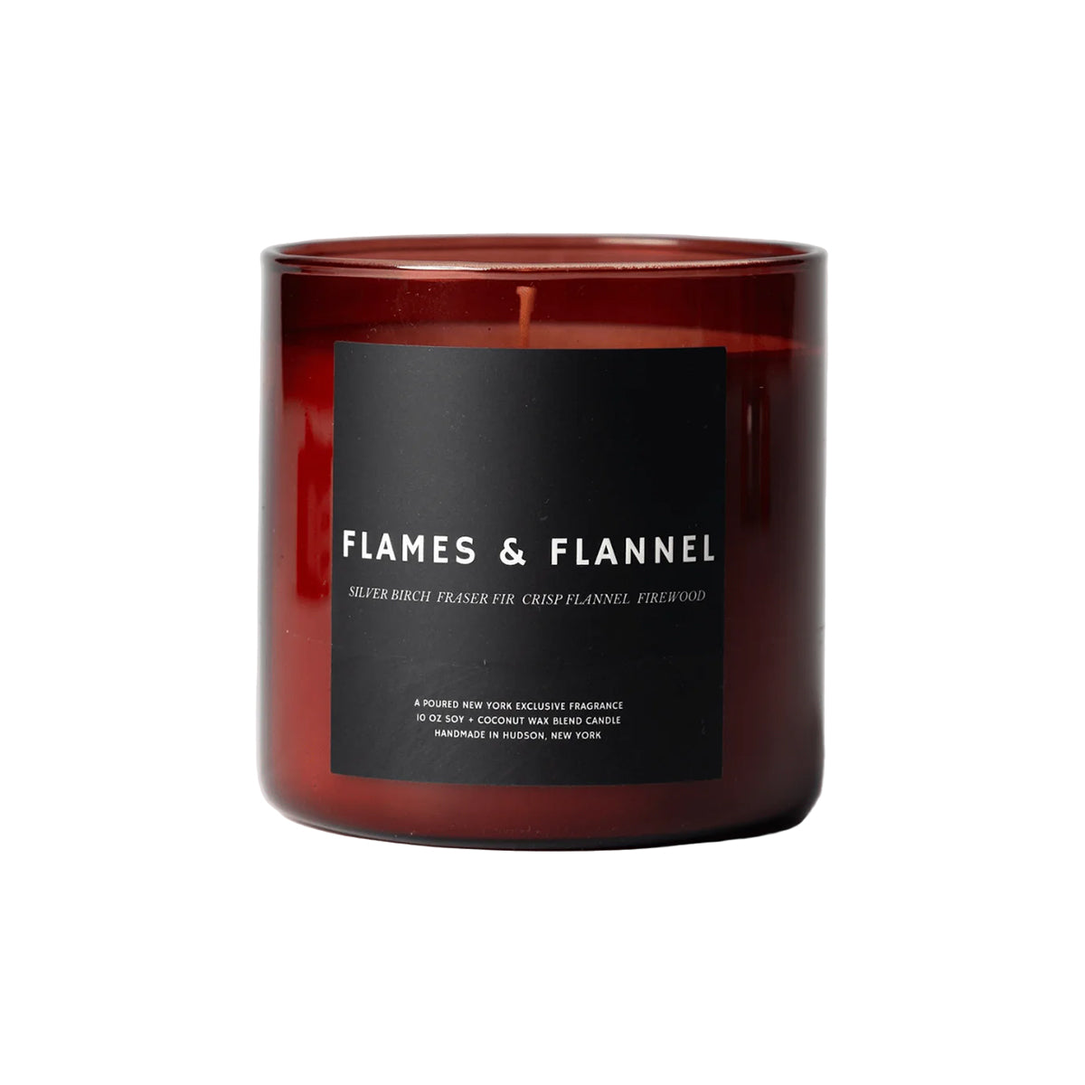 Candle with 'Flames & Flannel' label on a white background