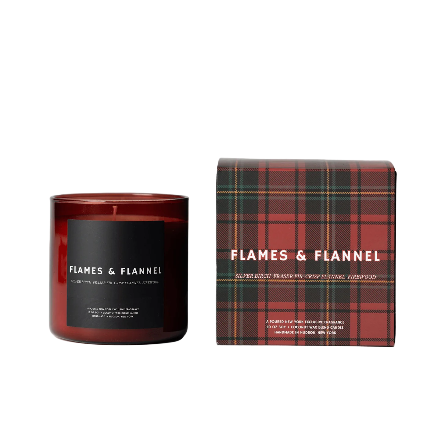 Candle and its packaging with 'Flames & Flannel' branding on a light  background