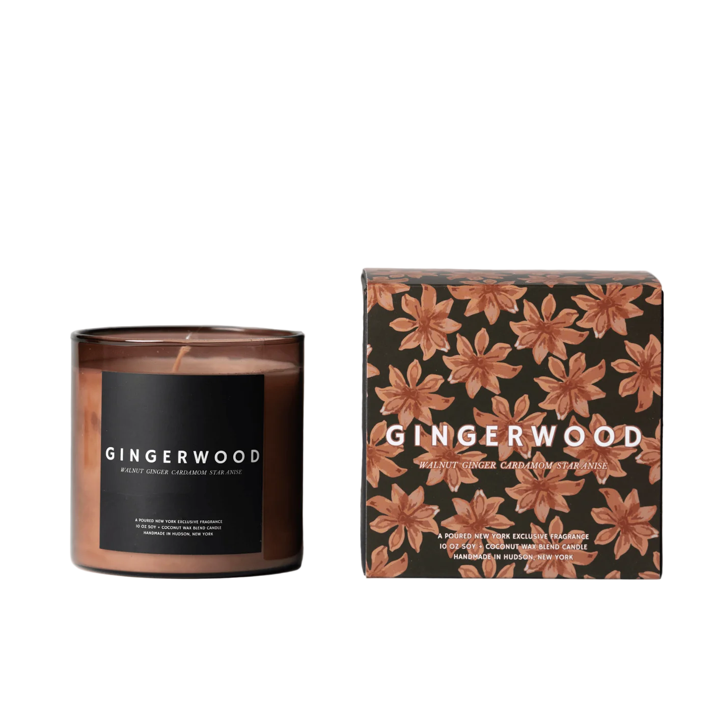 Gingerwood candle and packaging on a white background