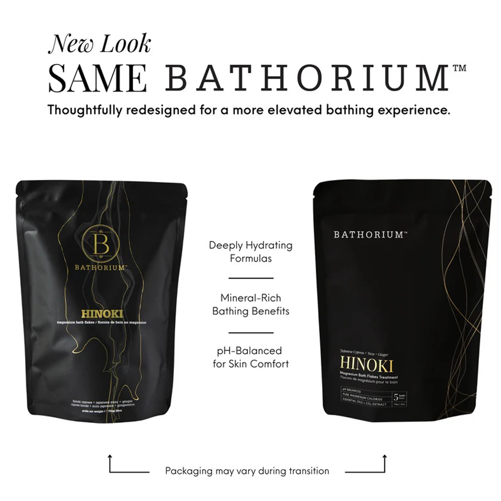 Two black Bathorium Hinoki bath salts pouches shown side by side on a white background, with marketing text above and below describing the packaging and product benefits.