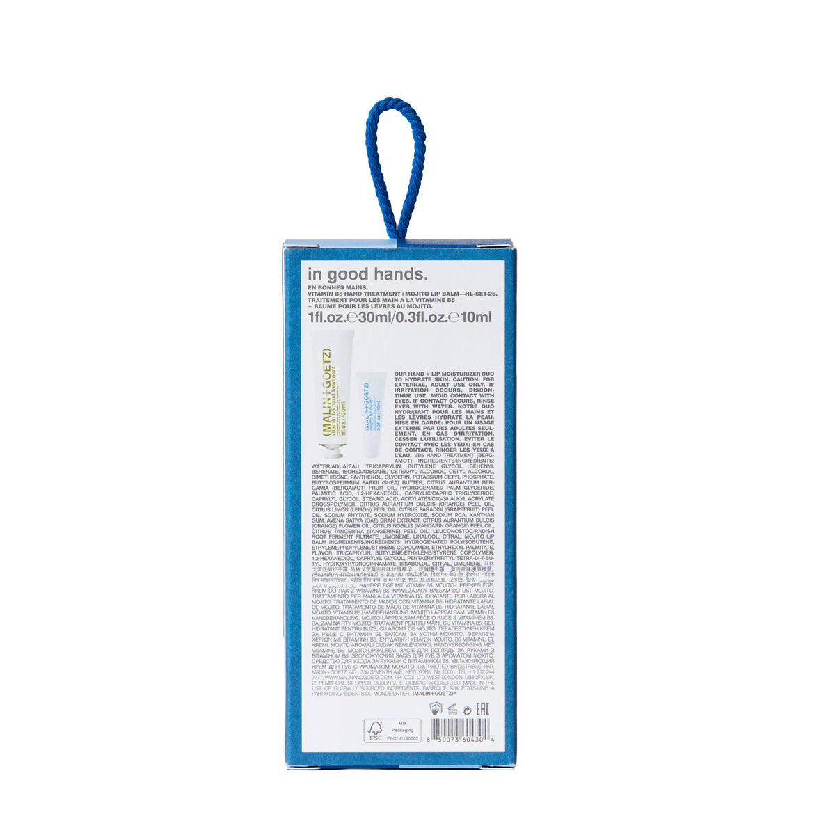 The back of a blue plastic bottle or container with a blue hanging loop, showing printed text and a small yellow label, isolated on a white background.