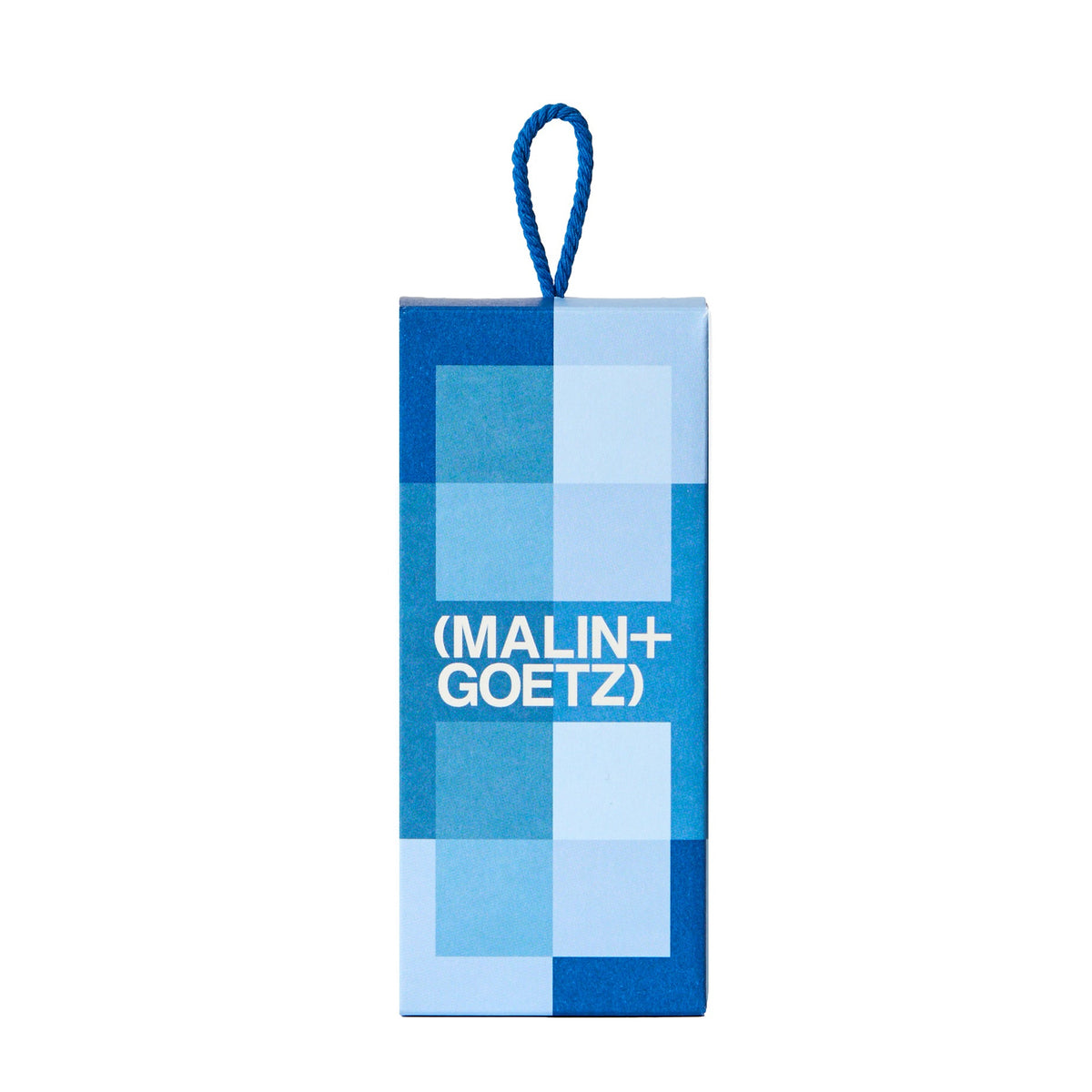 A rectangular hanging pouch or card with a blue loop at the top, featuring a blue pixelated pattern and the text '(MALIN+ GOETZ)' in white, centered on a plain white background.
