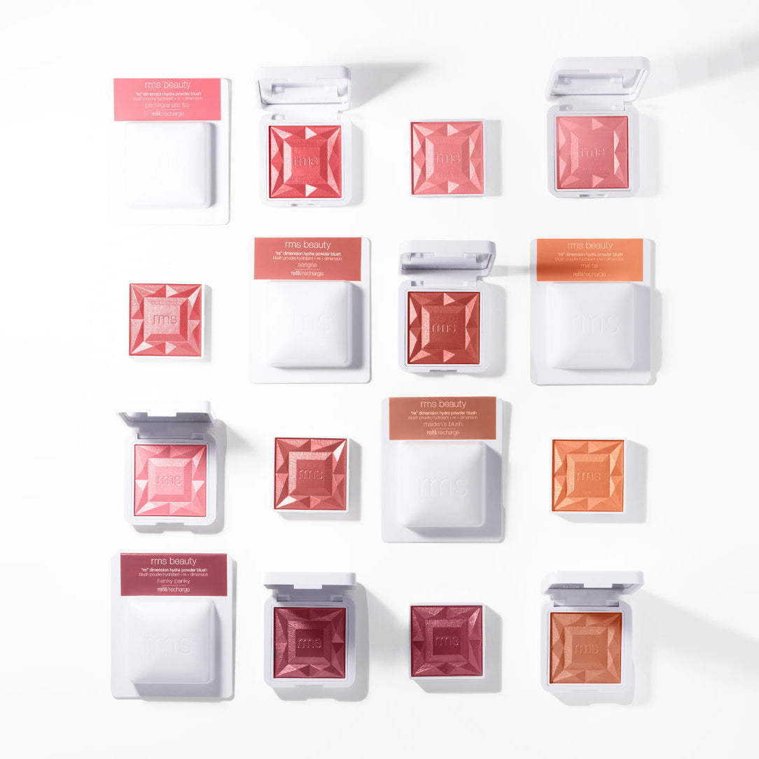 Multiple compact blushes in various shades on a white background