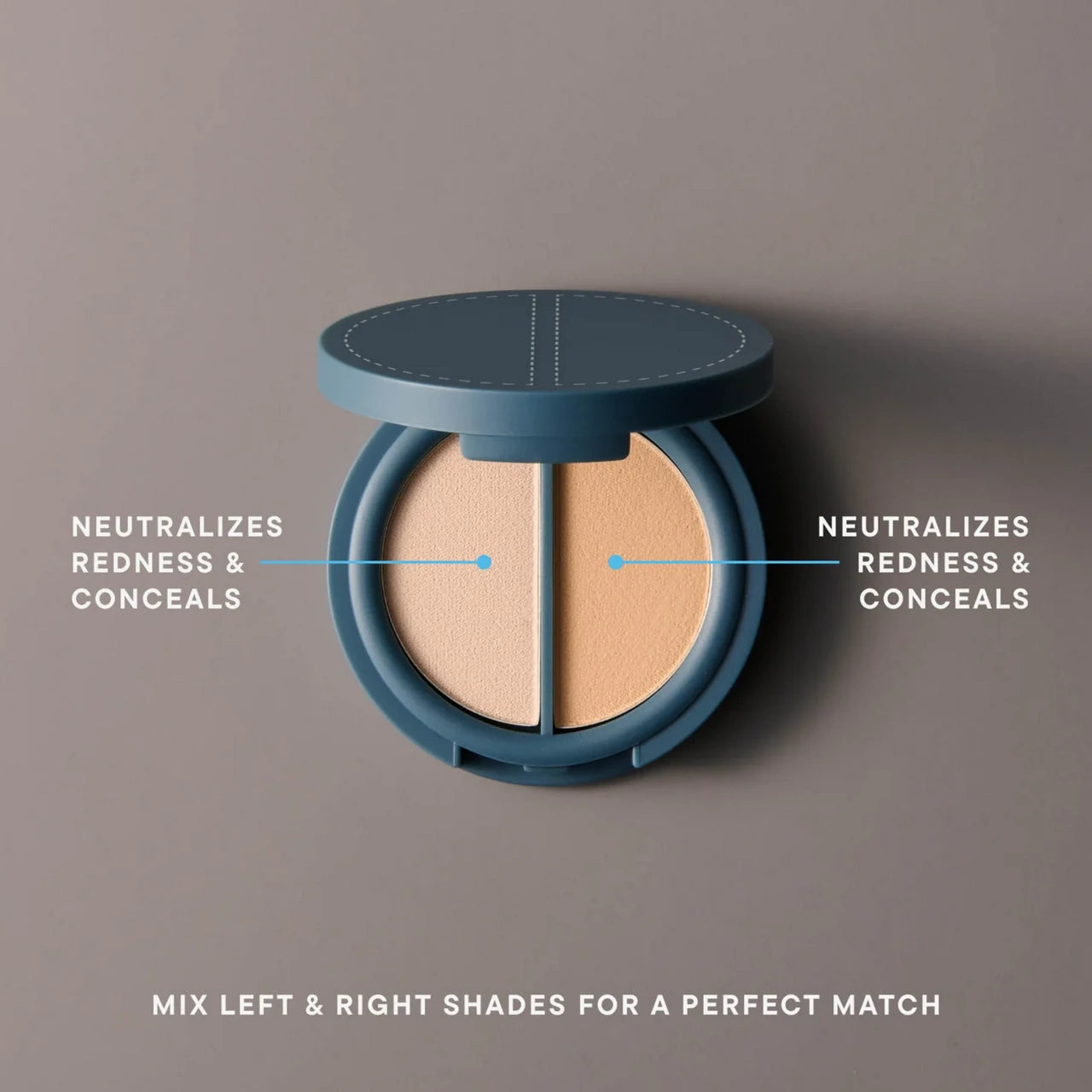 An open round makeup compact with two pressed powder shades, shown on a taupe background with callout text explaining that the shades neutralize redness and conceal imperfections.