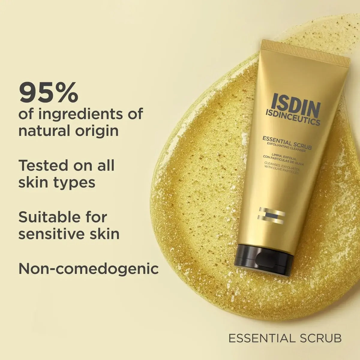 ISDIN ISDINCEUTICS Essential Scrub product  on gel and neutral background with text information about the product