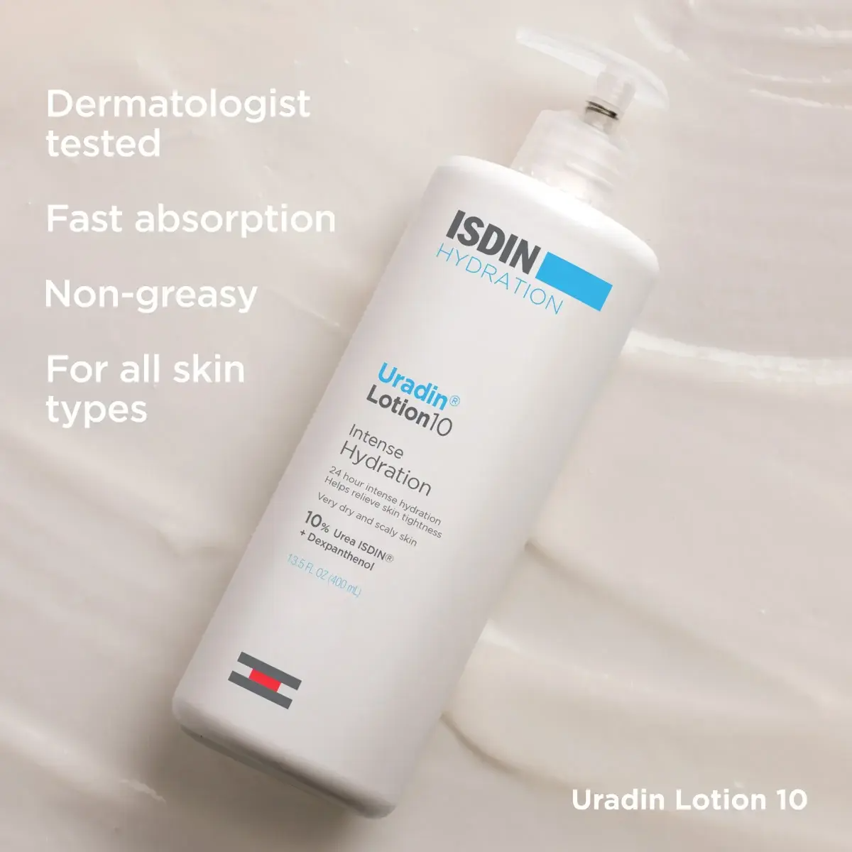 ISDIN Uradin Lotion 10 bottle on a light background with product features listed.