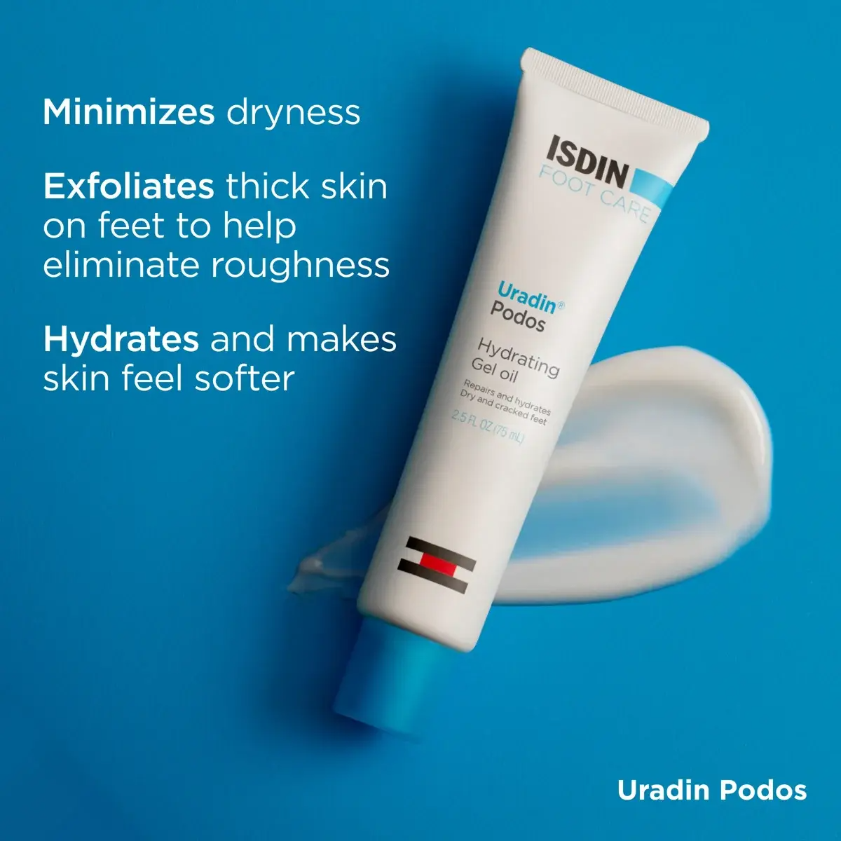 ISDIN Uradin Podos Hydrating Gel Oil tube on a bright blue background with white text describing benefits and a smear of white gel.