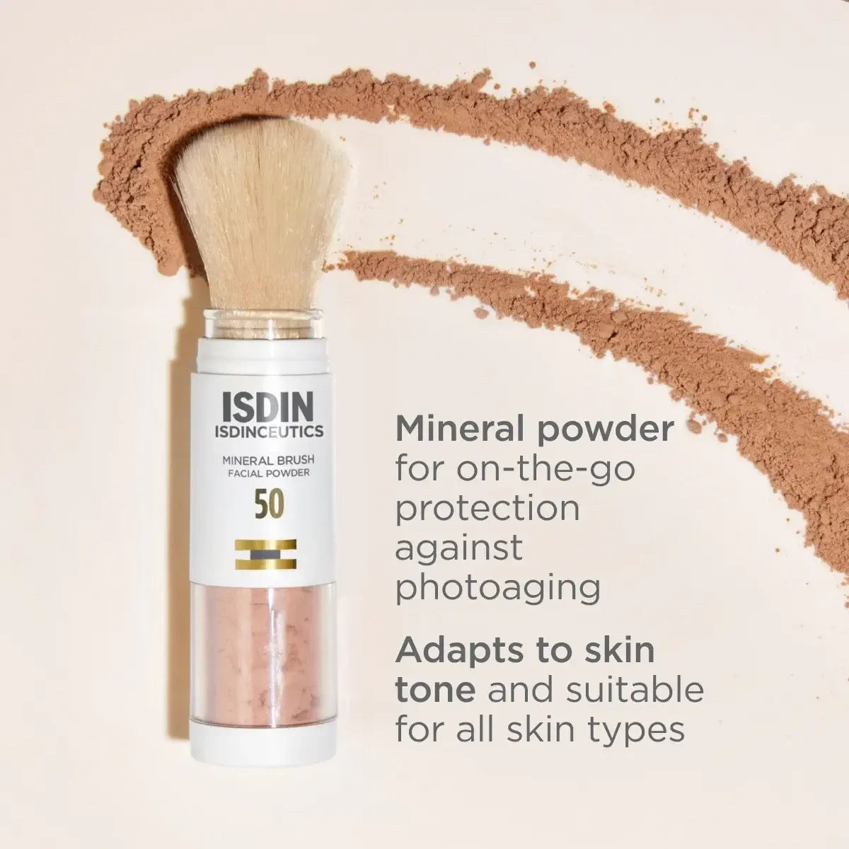 ISDIN ISDINCEUTICS Mineral Brush with powder on neutral background with text details