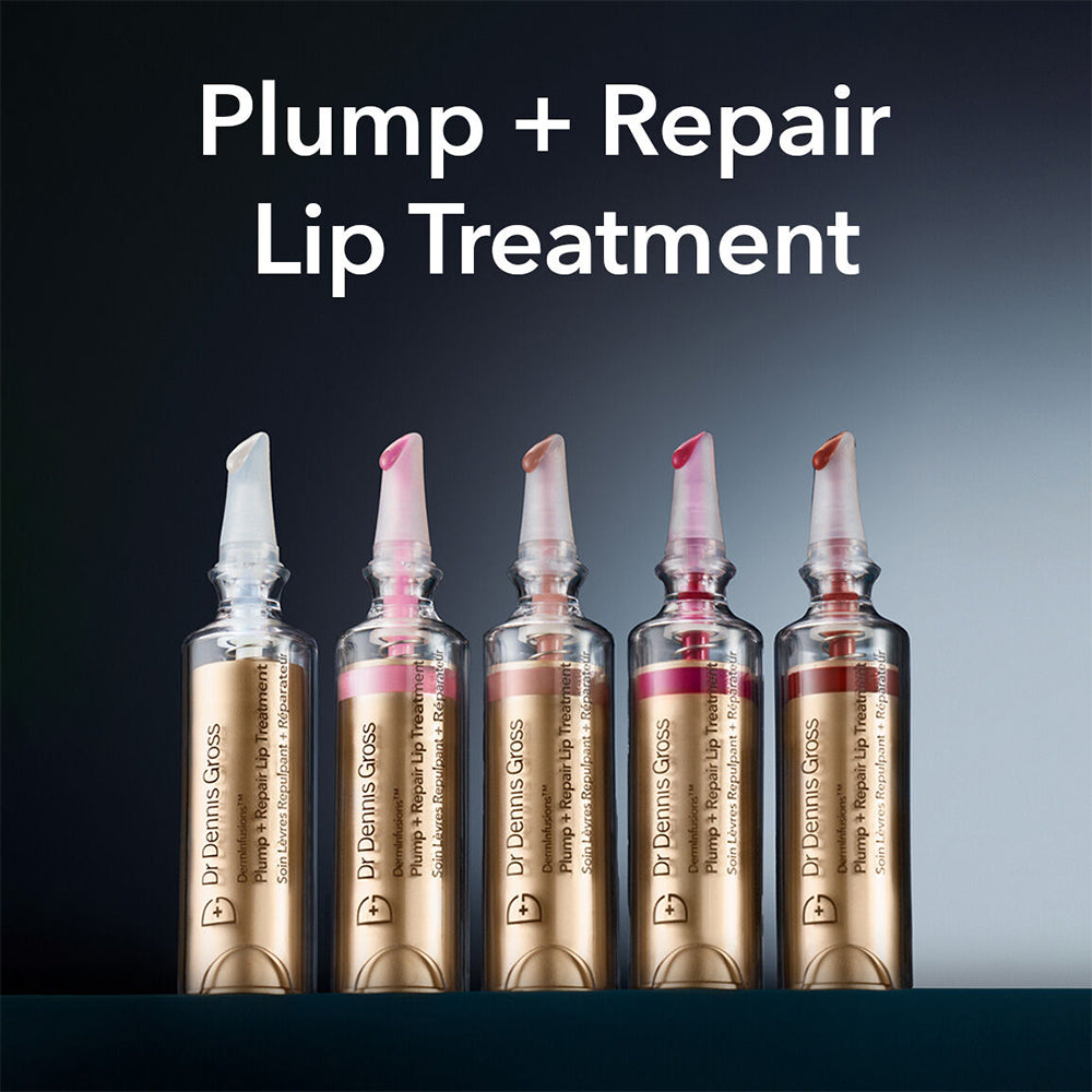 Five lip treatment ampoules with a dark background and text 'Plump + Repair Lip Treatment'.