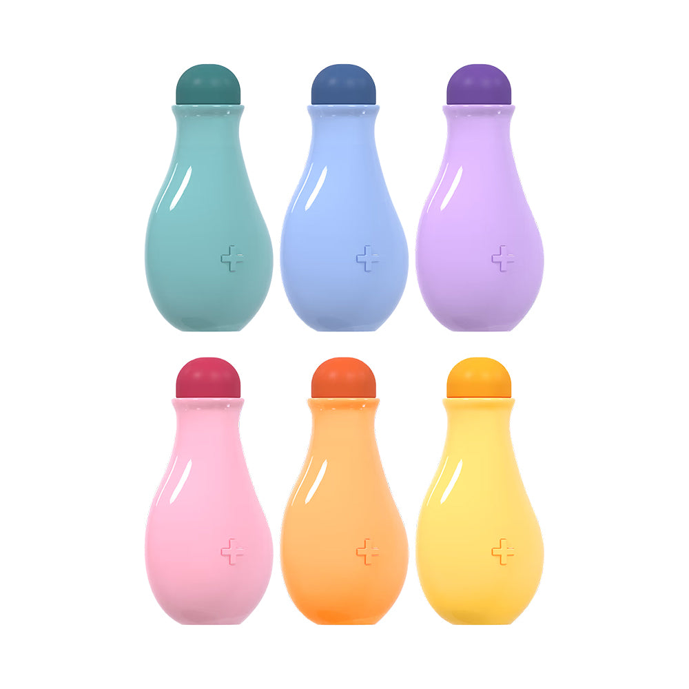 Set of six colorful bottles with gradient colors and different colored caps on a white background.