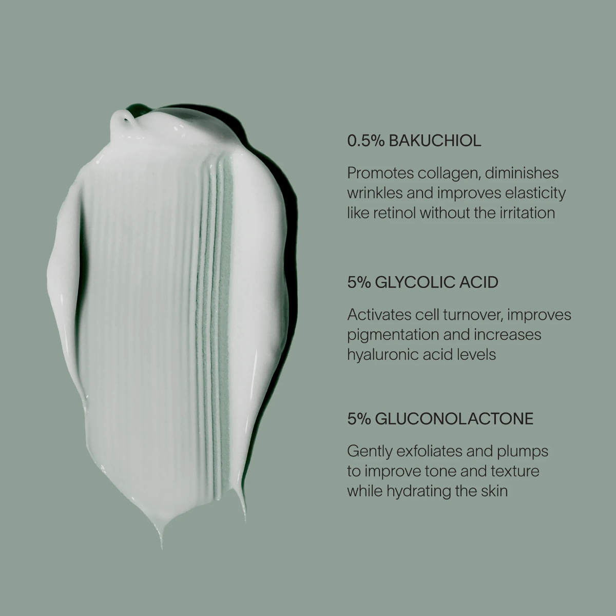 White cream with text detailing skincare benefits on a green background