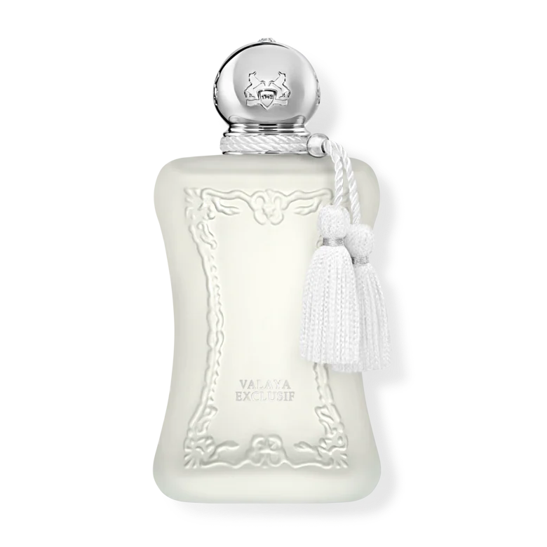 White perfume bottle with silver cap and tassel on a white background
