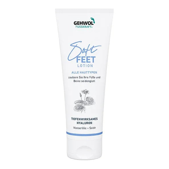 Tube of GEHWOL FUSSKRAFT Soft Feet Lotion with a lotus flower design