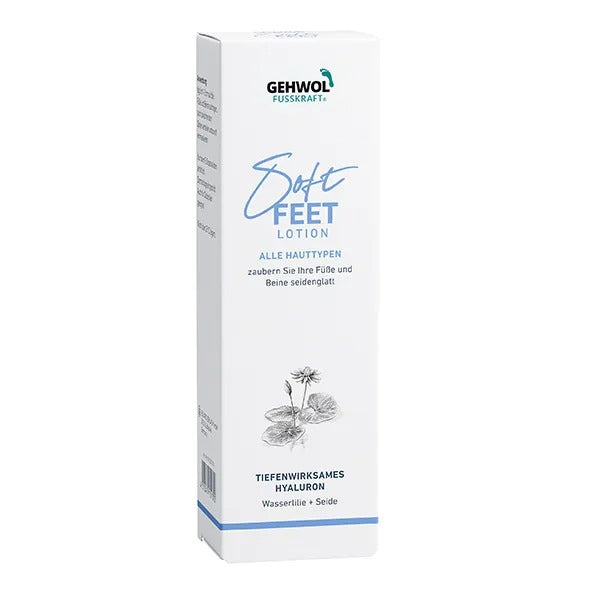 Packaging for GEHWOL FUSSKRAFT Soft Feet Lotion with a lotus flower design