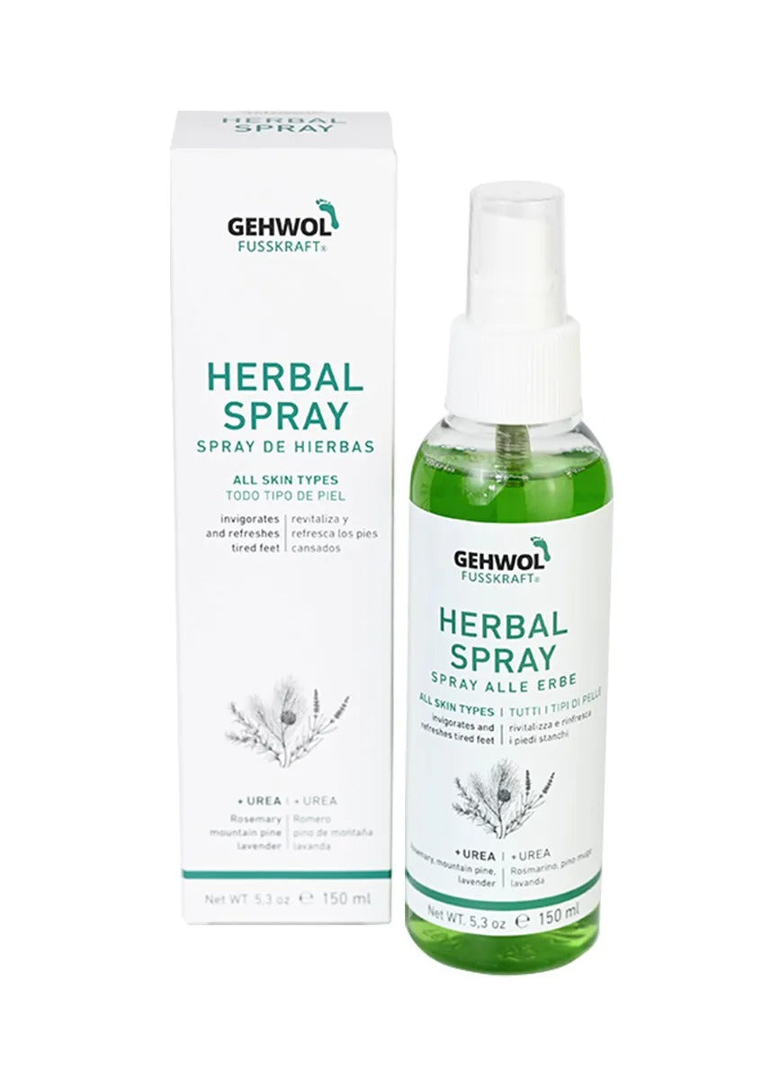 A bottle of Gehwol Herbal Spray with a white spray nozzle, labeled in green and white, indicating it is a foot care product, next to its packaging.